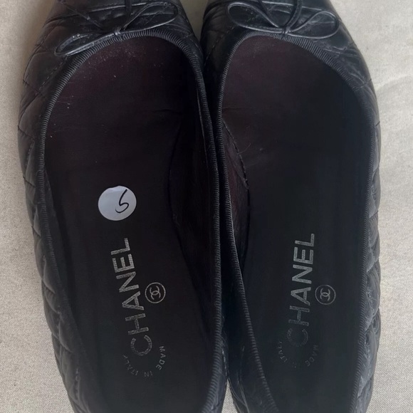 Chanel ballet flats 9.5 VGUC Quilted Leather Bow Tie Double CC Logo Black - Picture 3 of 13